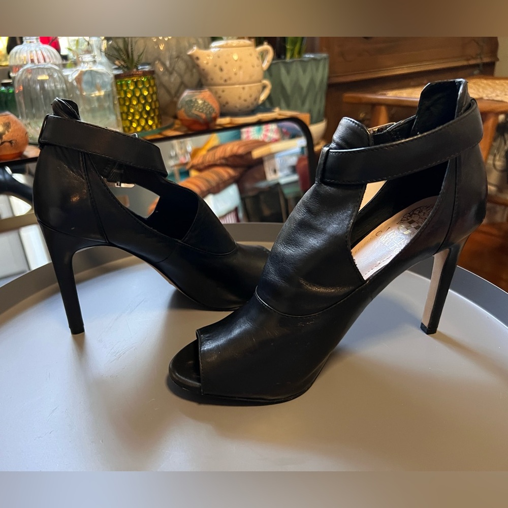 Vince Camuto Black Leather Peep-Toe Ankle-Strap Stilettos - Picture 14 of 16